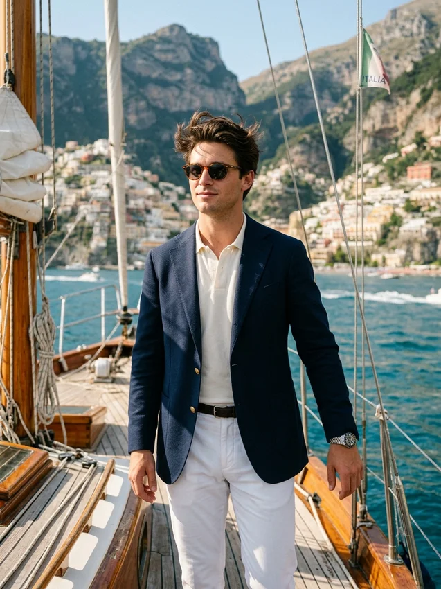 Old Money Prompt Gemini Amalfi Coast Wooden Yacht with Navy Blazer