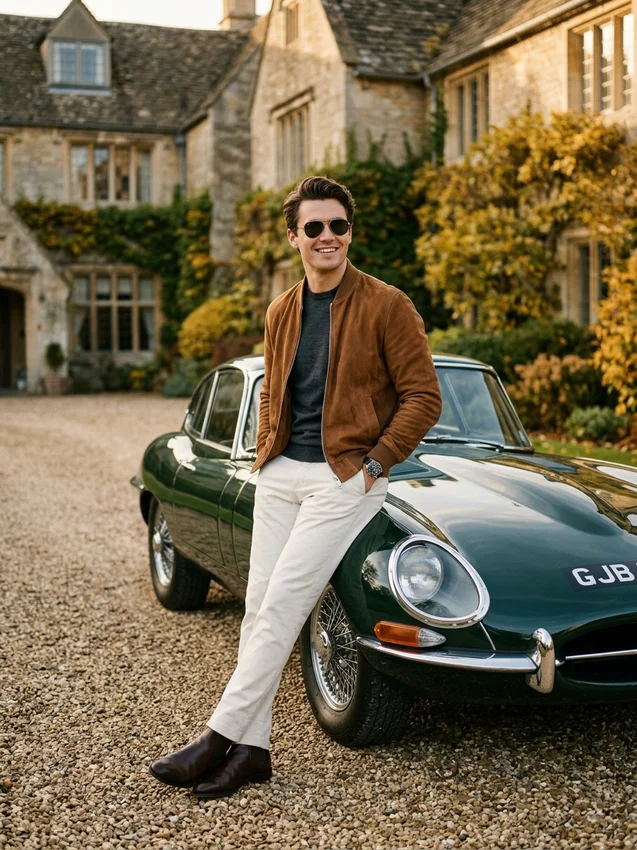 Old Money Prompt Gemini Vintage Sports Car with Suede Bomber Jacket