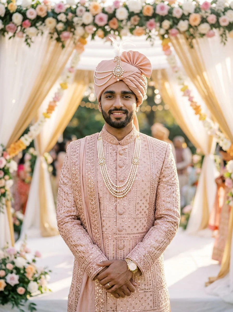 Pastel Peach Wedding Sherwani with Royal Safa Traditional Dress Gemini Prompt