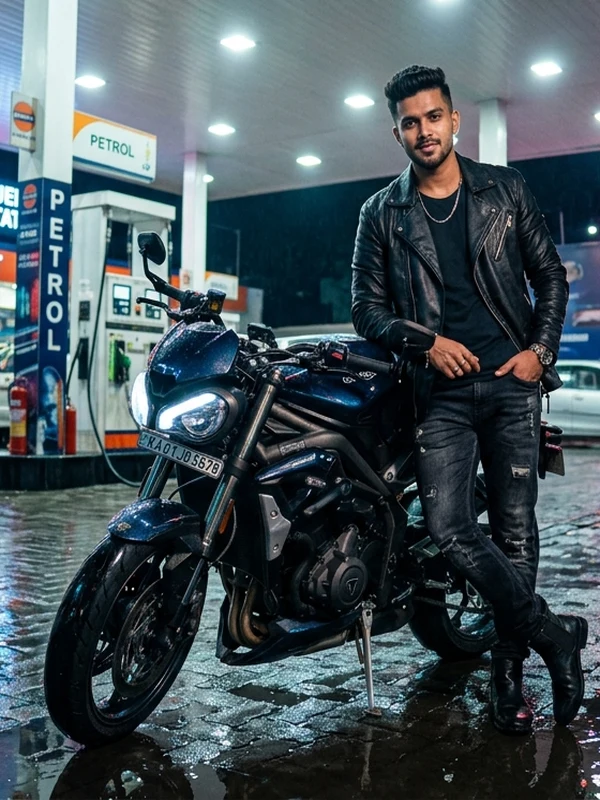 Midnight Sports Superbike Refuel Look at Indian Oil Petrol Pump with Boy in Leather Jacket