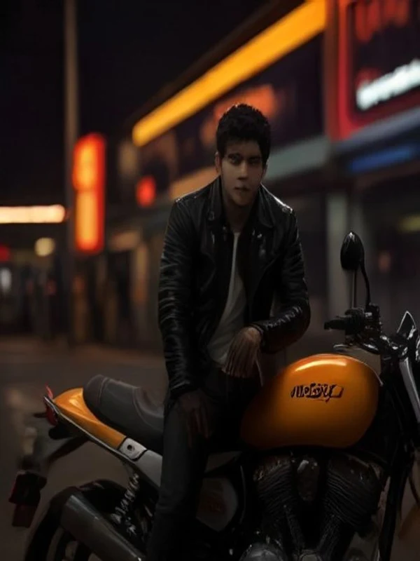 Vintage Cruiser Yellow Tank Midnight Fuel Stop with Boy in Leather Rider Jacket
