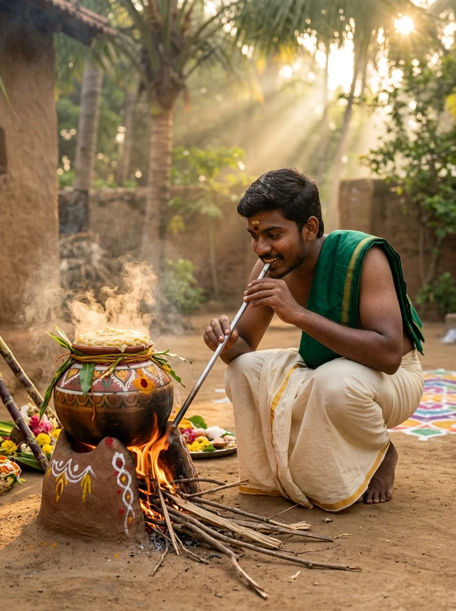 Pongal AI Prompt for Boys: Tamil boy stoking traditional woodfire clay hearth to cook Pongal