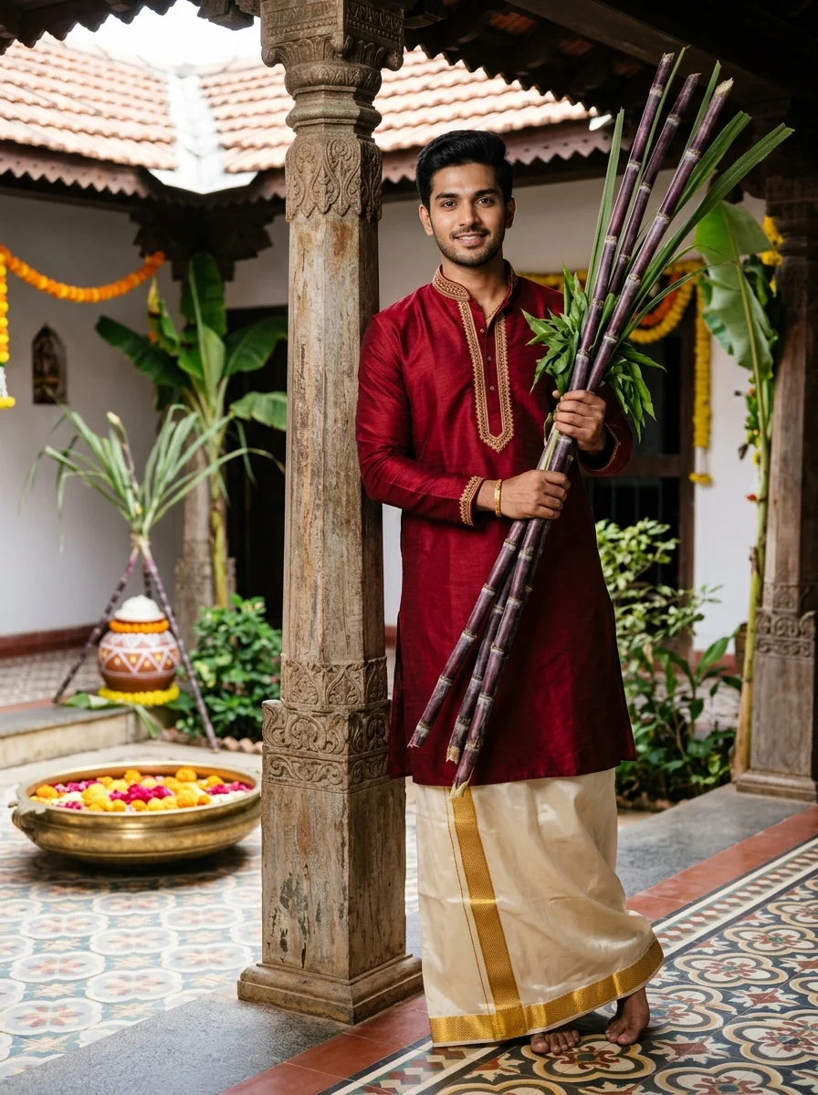 Pongal AI Prompt for Boys: South Indian young man in Chettinad courtyard with sugarcane stalks
