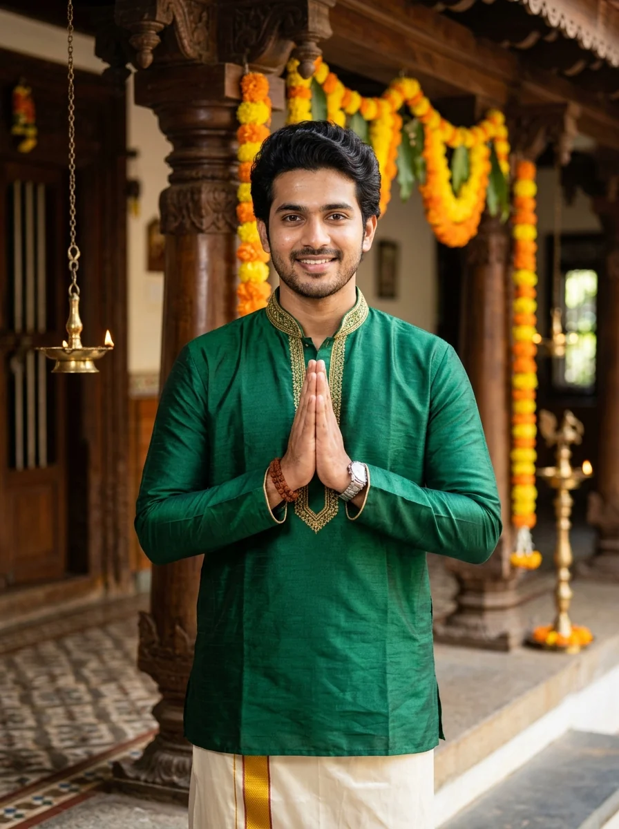 Pongal AI Prompt for Boys: Handsome Tamil youth in emerald silk kurta offering Vanakkam greeting