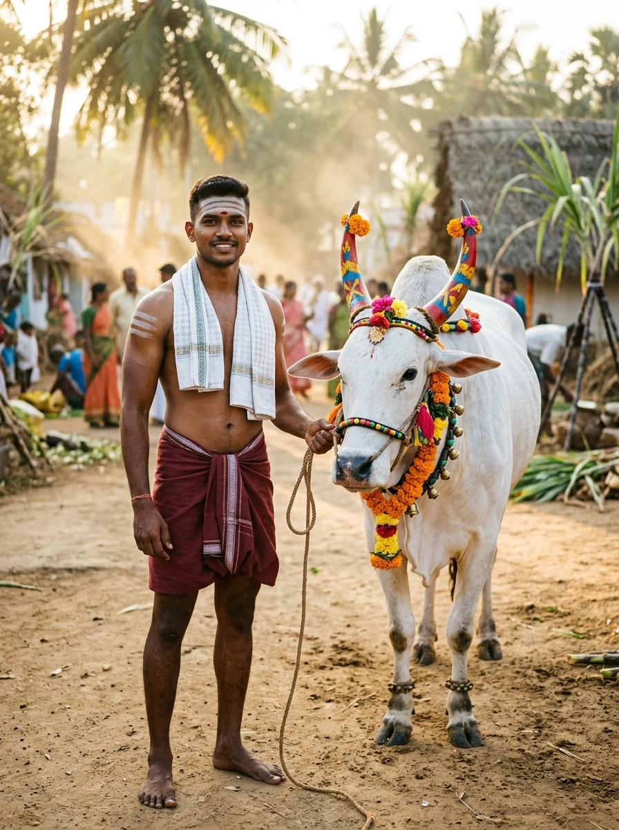 Pongal AI Prompt for Boys: Athletic Tamil youth beside decorated Kangayam bull during Mattu Pongal