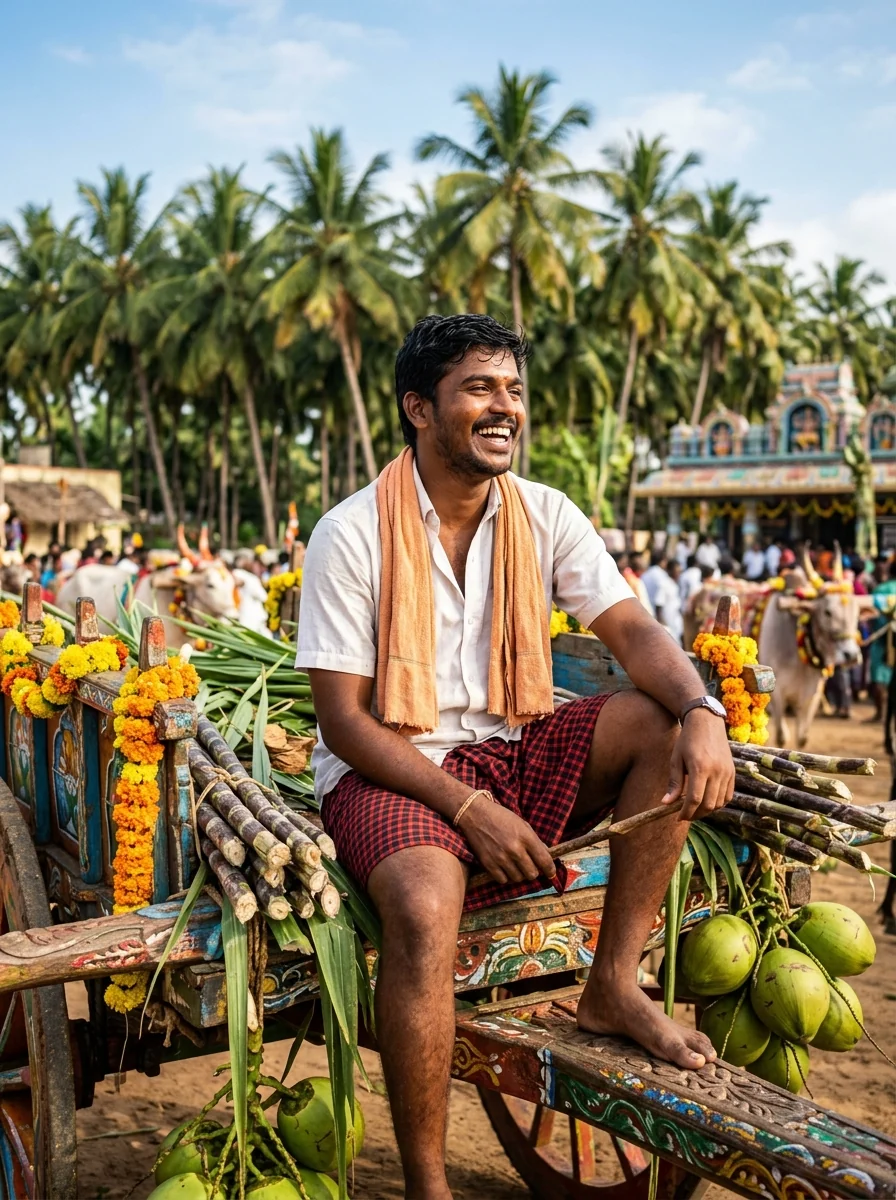 Pongal AI Prompt for Boys: Village youth sitting on festive painted bullock cart during Pongal