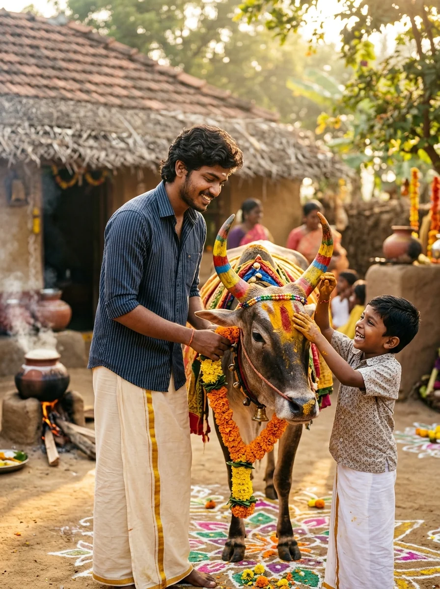 Pongal AI Prompt for Boys: Brothers decorating their family sacred cow for Mattu Pongal