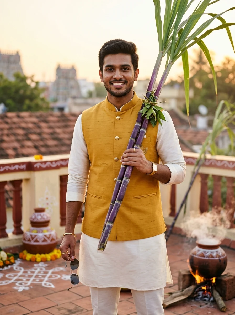 Pongal AI Prompt for Boys: Stylish modern young man in mustard Nehru jacket for Pongal party
