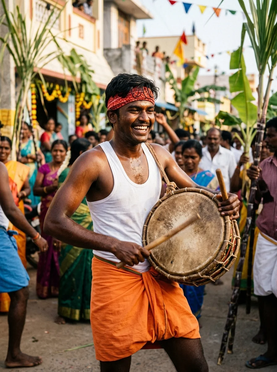 Pongal AI Prompt for Boys: Energetic Tamil youth playing traditional Parai folk drum during Pongal