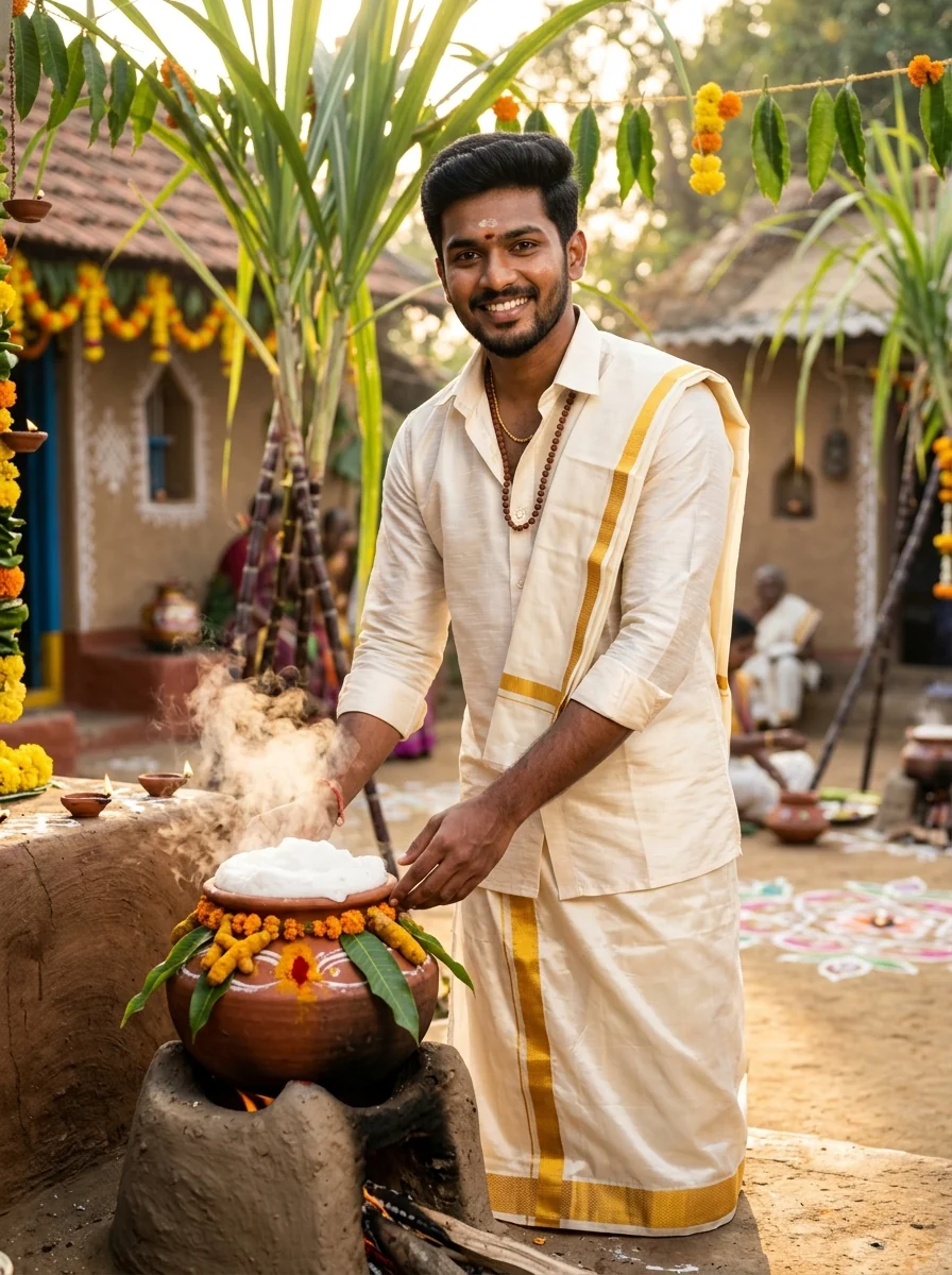 Pongal AI Prompt for Boys: Traditional Tamil youth in silk pattu veshti celebrating pot boilover Thai Pongal
