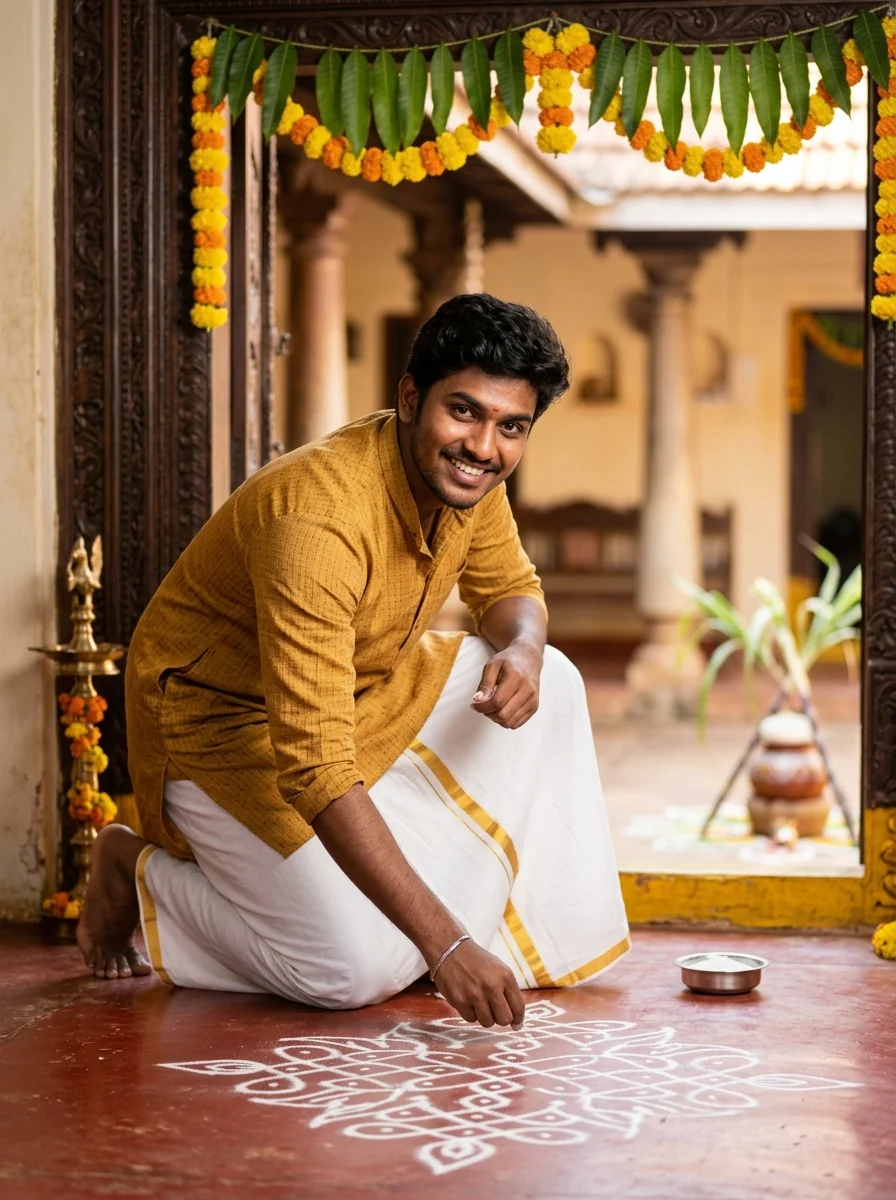 Pongal AI Prompt for Boys: South Indian boy drawing rice flour Kolam rangoli on festival morning