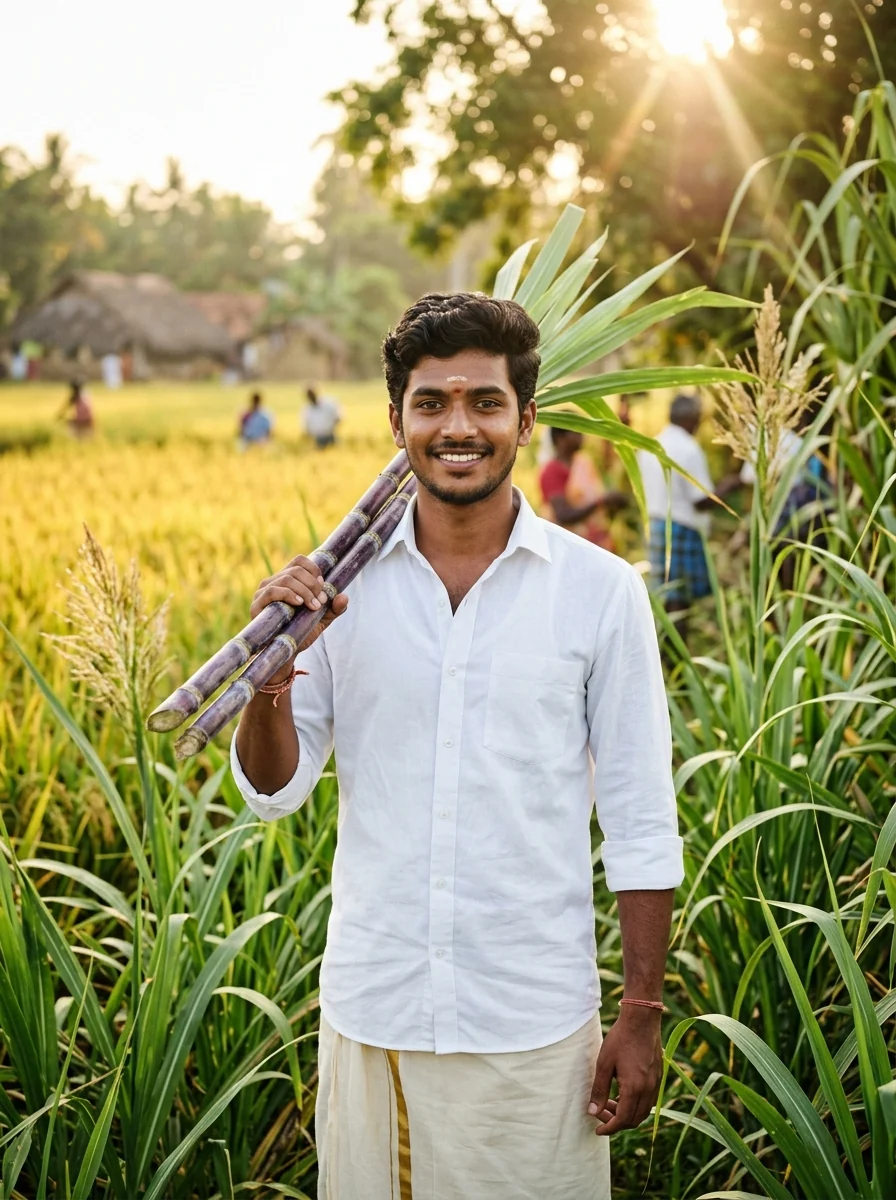 Pongal AI Prompt for Boys: Farmer's son harvesting fresh sugarcane in lush green fields
