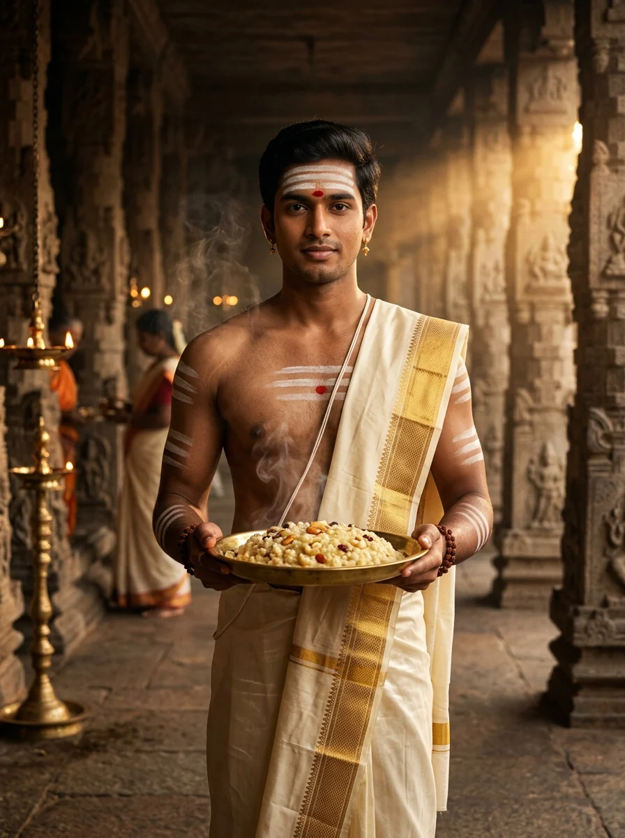 Pongal AI Prompt for Boys: South Indian young man offering temple sweet Pongal prasad at dawn