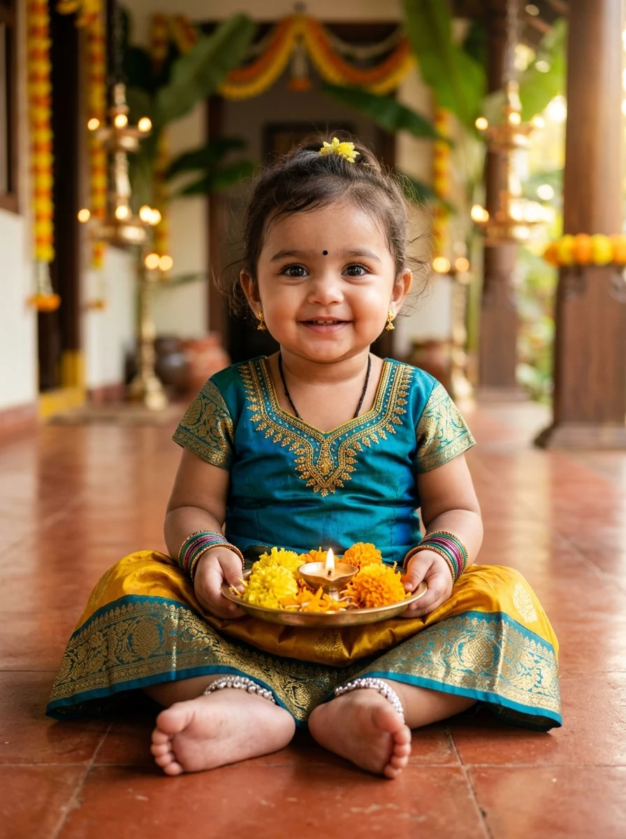 Pongal prompt baby girl: Toddler holding miniature brass aarti plate with glowing diya and fresh marigolds