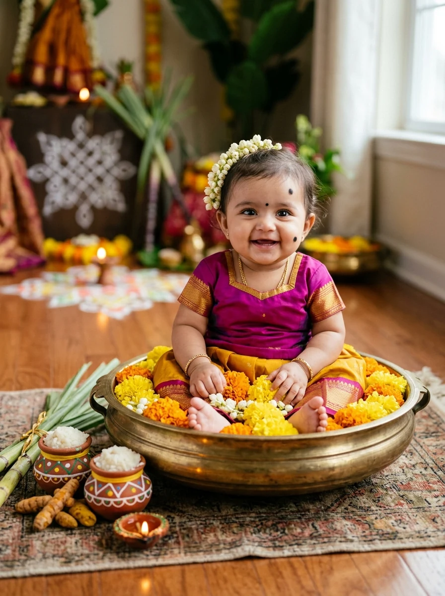 Pongal prompt for baby girl: 10-month-old South Indian baby girl sitting in brass urli bowl filled with marigold flowers
