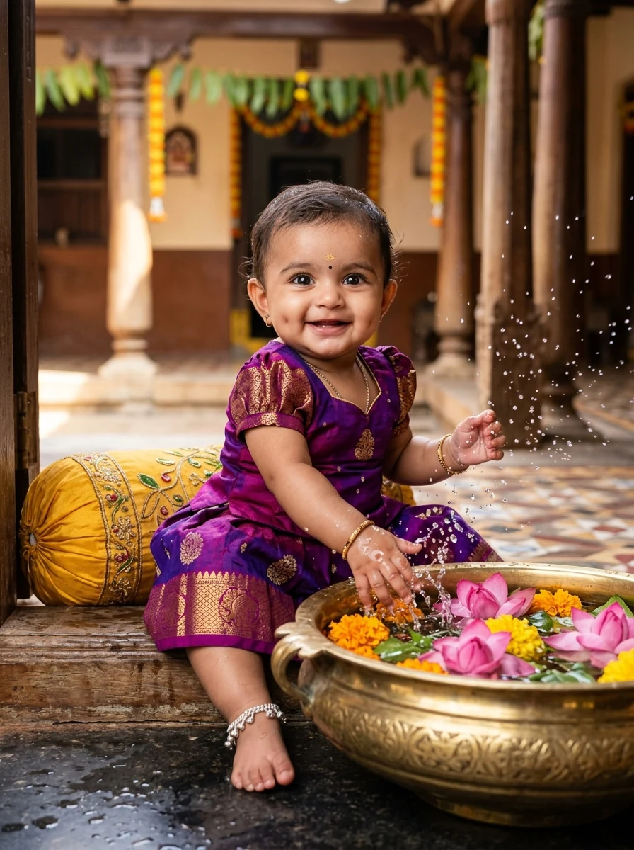 Pongal prompt for baby girl: Chettinad heritage verandah with baby girl splashing water from brass urli with lotuses