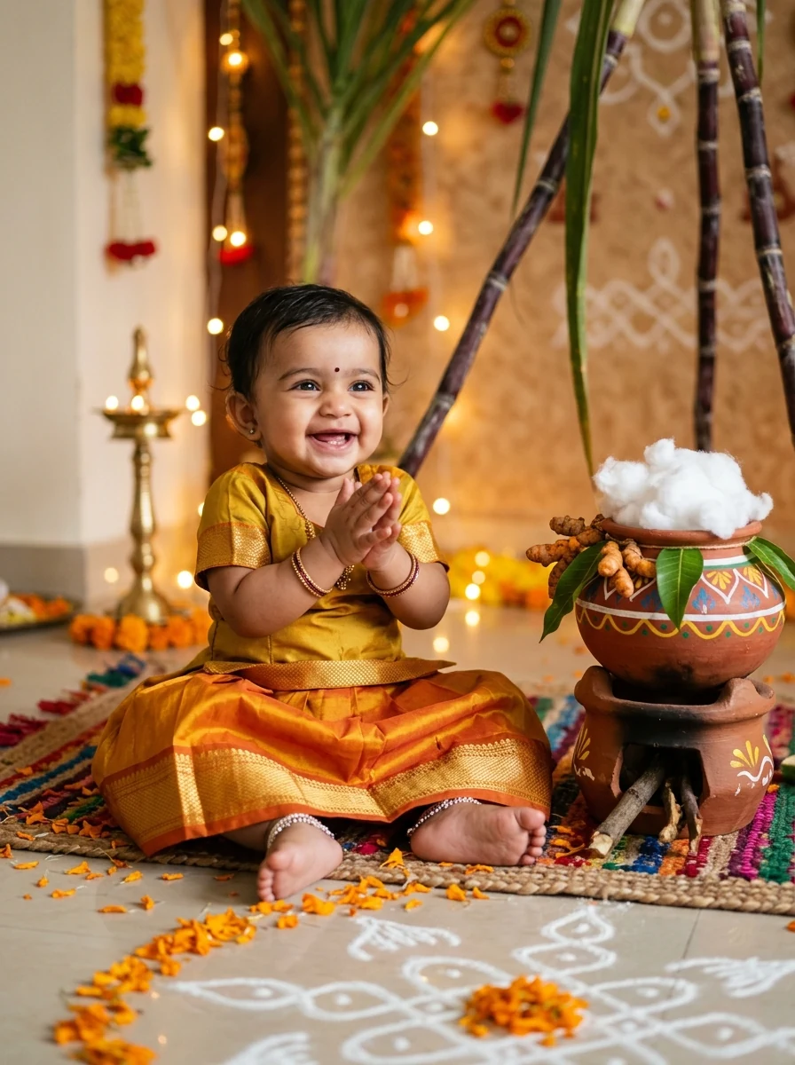 Pongal theme baby girl photoshoot ideas at home: Baby girl clapping beside clay aduppu stove with cotton boilover