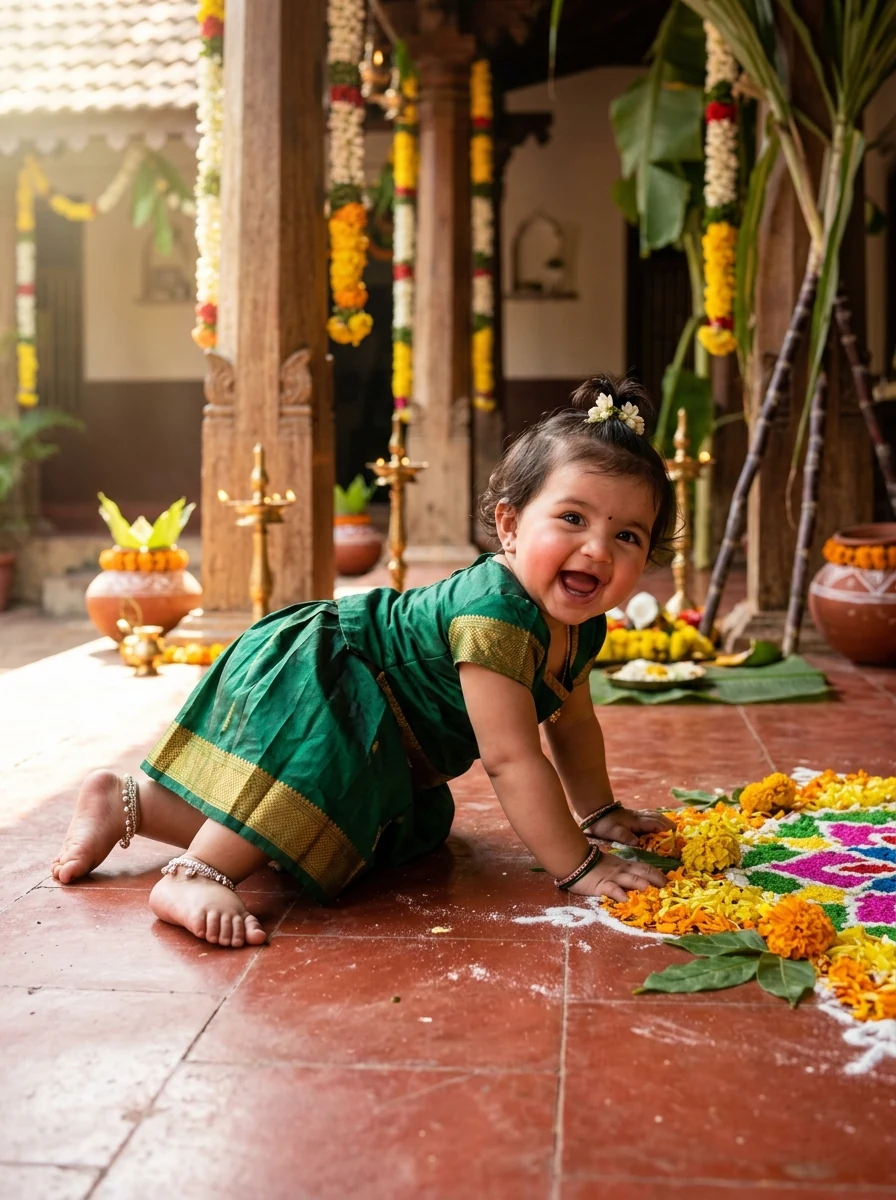 Pongal theme baby girl photoshoot: 9-month-old infant crawling across colorful rice-flour kolam with bell anklets