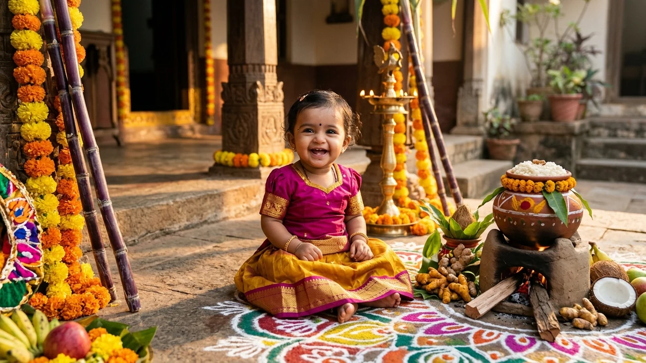 Pongal Prompt for Baby Girl: Cute 1-year-old South Indian baby girl in magenta Pattu Pavadai celebrating Thai Pongal at golden sunrise