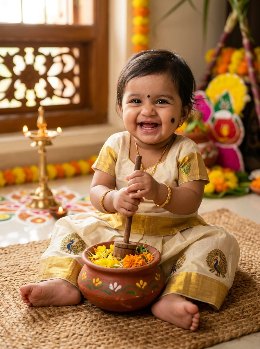 Pongal photoshoot baby girl: 1-year-old toddler in cream gold Kasavu pavadai holding wooden churner in butter pot