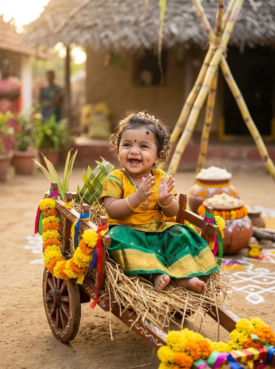 Pongal baby girl photoshoot ideas at home: Baby girl clapping inside festive straw-cushioned wooden bullock cart