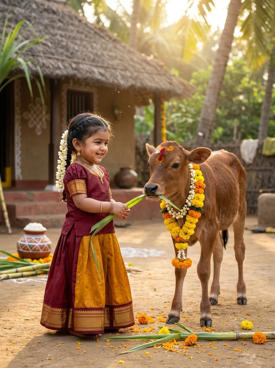 Pongal prompt baby girl: Cute 2-year-old toddler offering sugarcane leaf to garlanded calf for Mattu Pongal