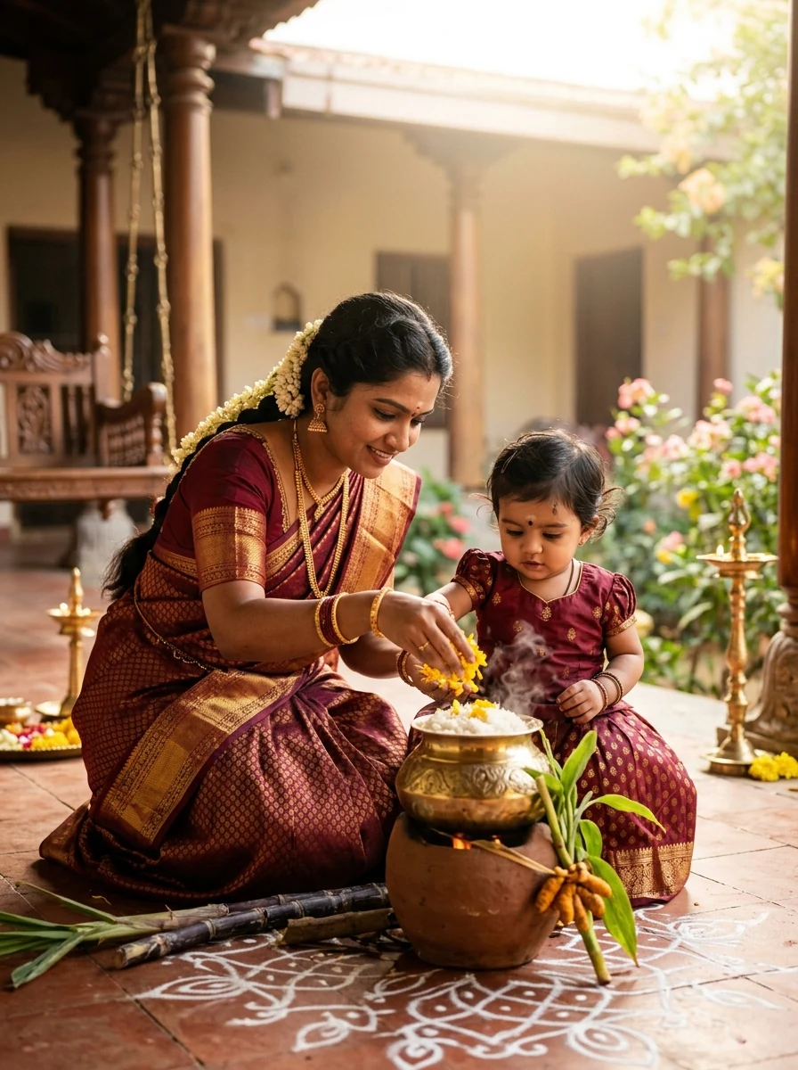 Pongal theme baby girl photoshoot: Mother and baby daughter twinning in matching maroon silk pattu pavadai for Pongal puja