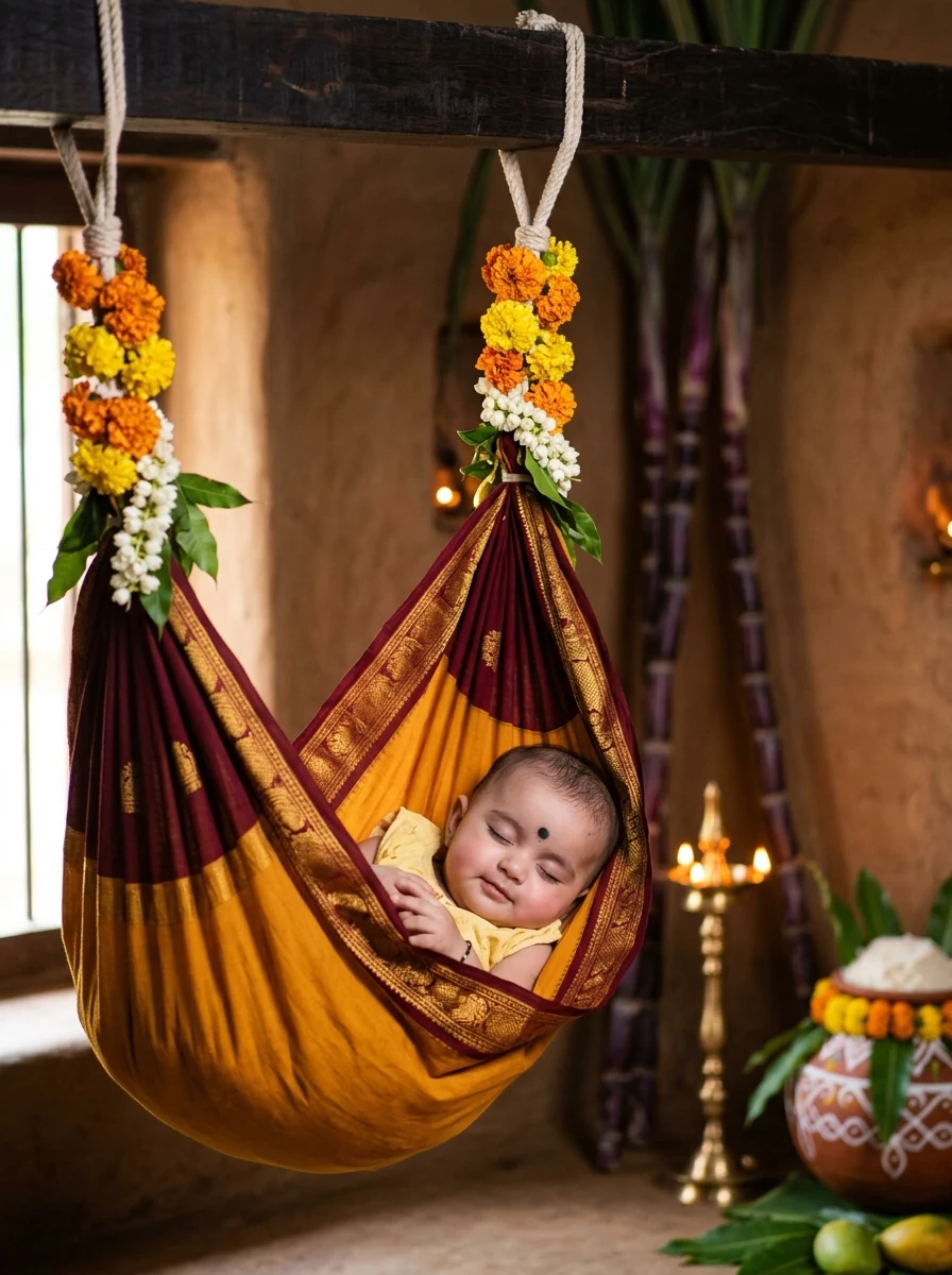 Pongal baby girl photoshoot ideas at home: Sleeping newborn infant in traditional saree thottil hammock cradle