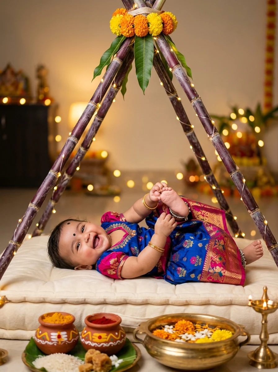 Pongal baby girl photoshoot ideas at home: DIY sugarcane teepee tent with fairy lights and baby girl in pattu pavadai