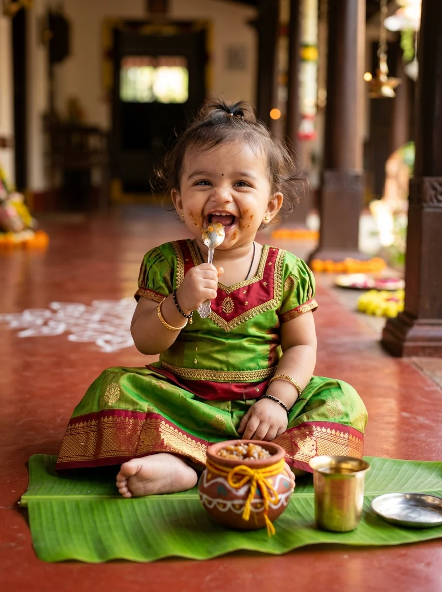 Pongal baby girl photoshoot: Adorable toddler tasting sweet sakkarai pongal with miniature silver spoon on banana leaf