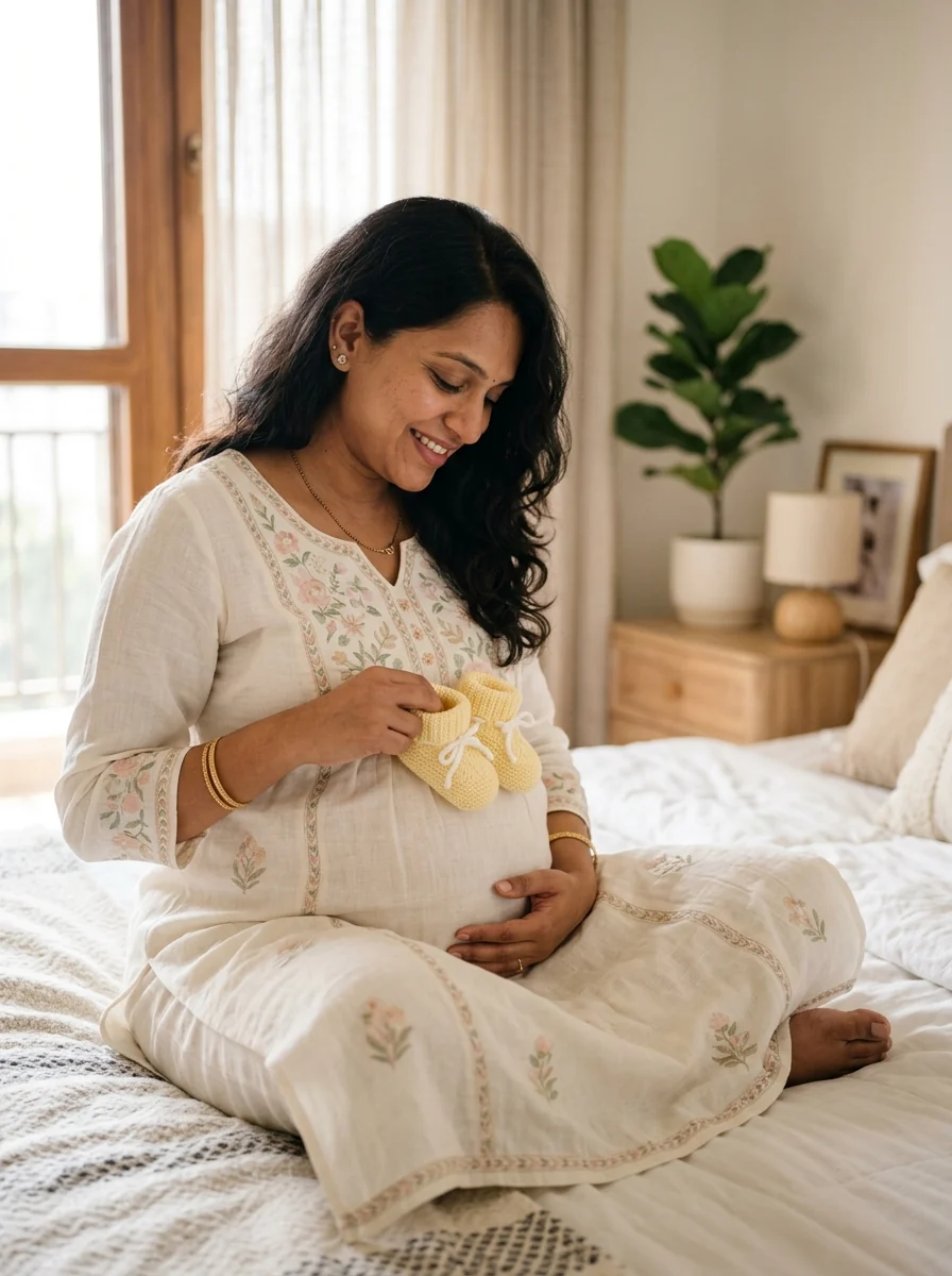 Pregnancy photoshoot ideas at home Indian mom in beige linen dress with baby booties on bump