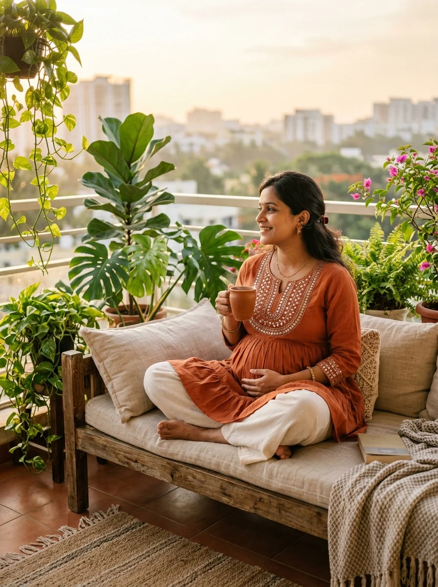 Bohemian balcony pregnancy photoshoot ideas at home Indian mom in terracotta kurti with kulhad