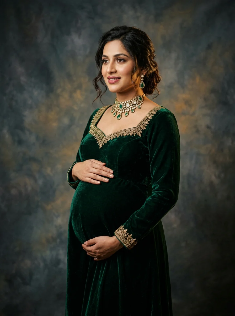 Modern Indian pregnant mom photoshoot ideas emerald green velvet gown polki choker jewelry