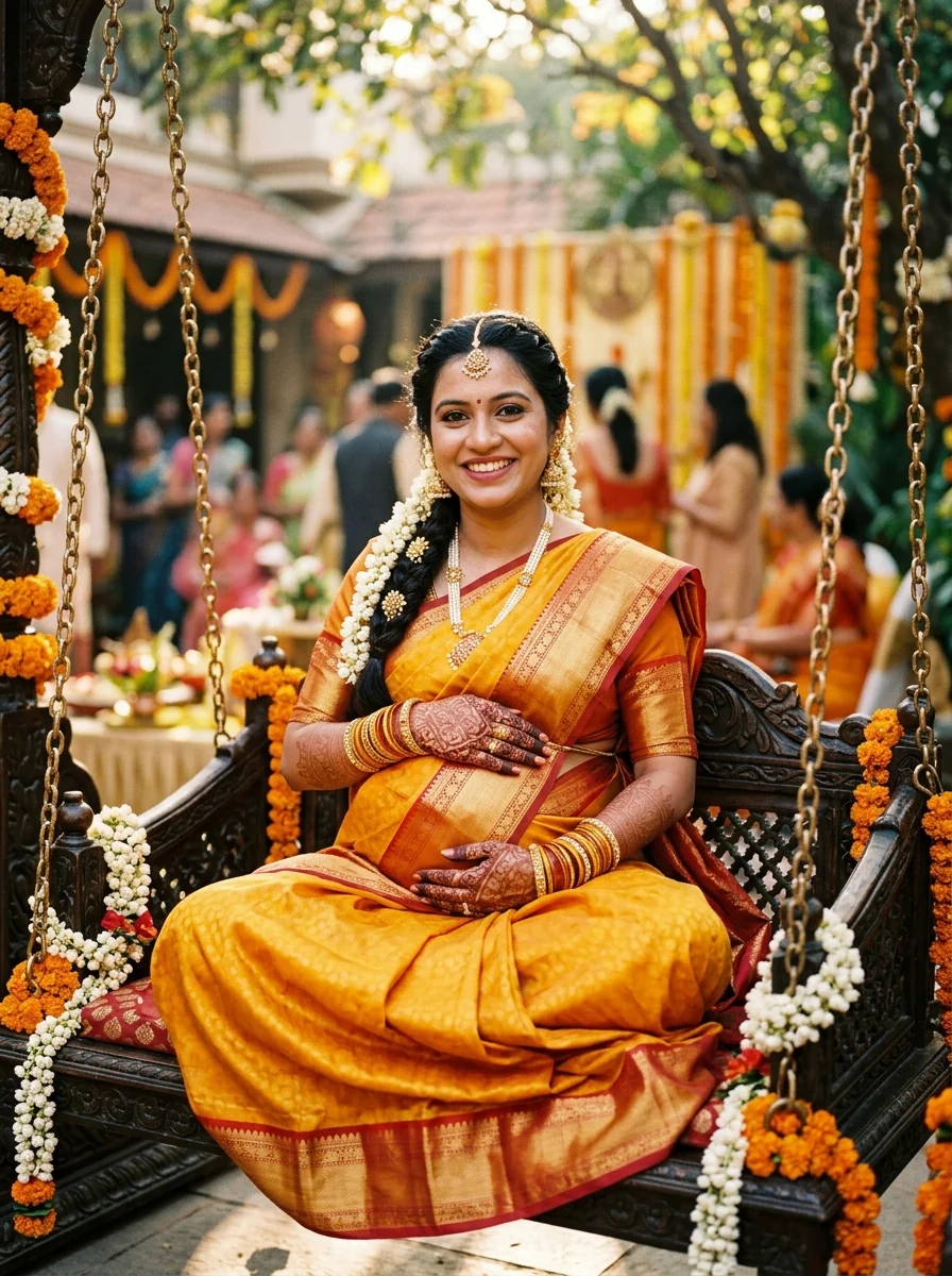 Pregnancy prompt for photoshoot Indian Godh Bharai traditional yellow silk saree on floral swing