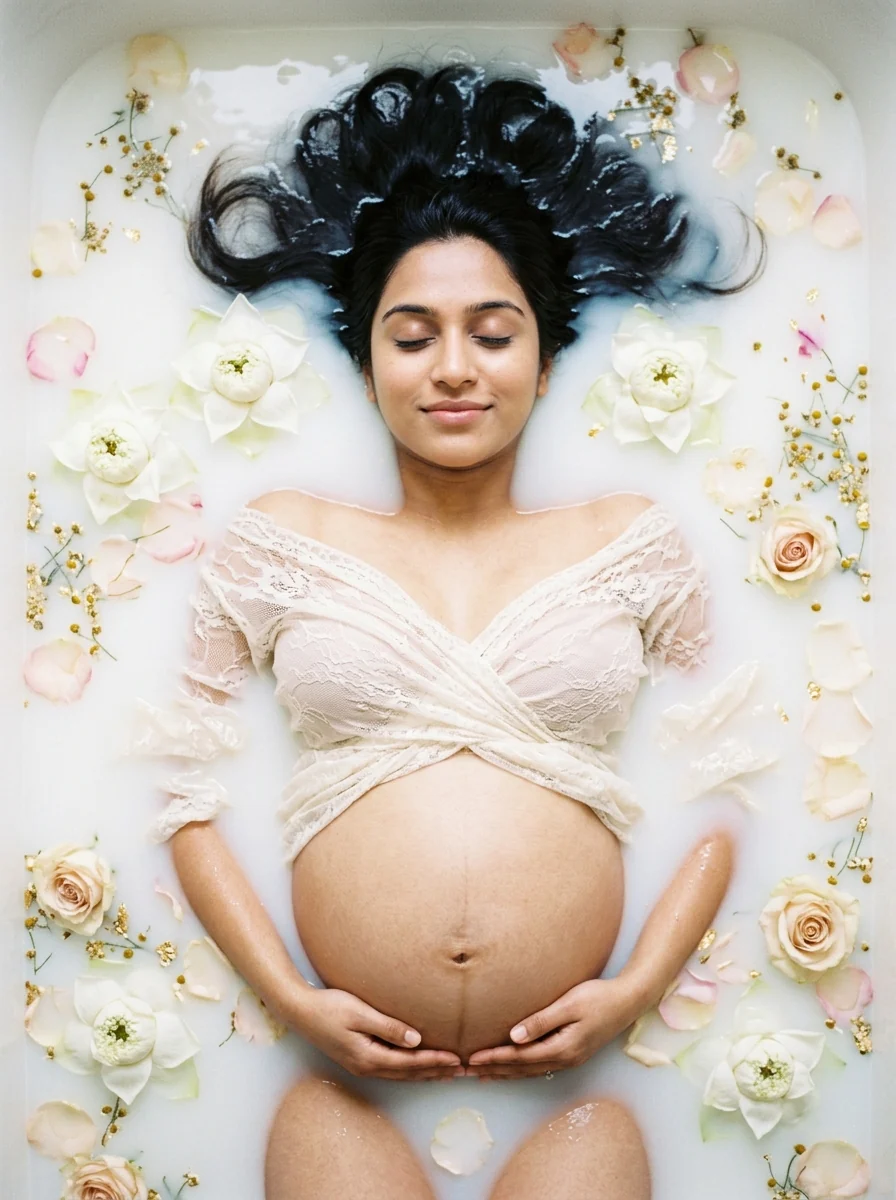 Artistic milk bath pregnancy photoshoot ideas Indian style floating lotus marigold petals lace wrap