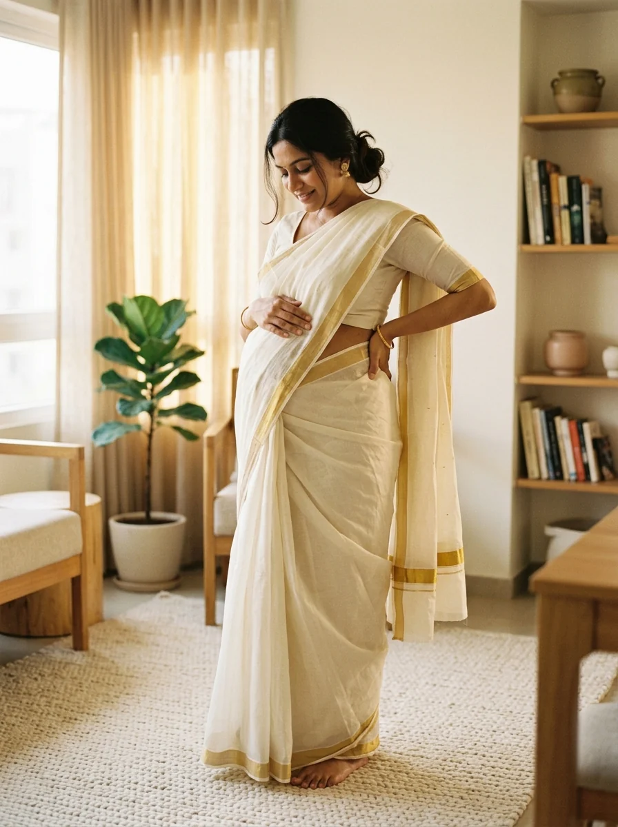 Minimalist white and gold Chanderi saree pregnancy photoshoot ideas Indian style home living room