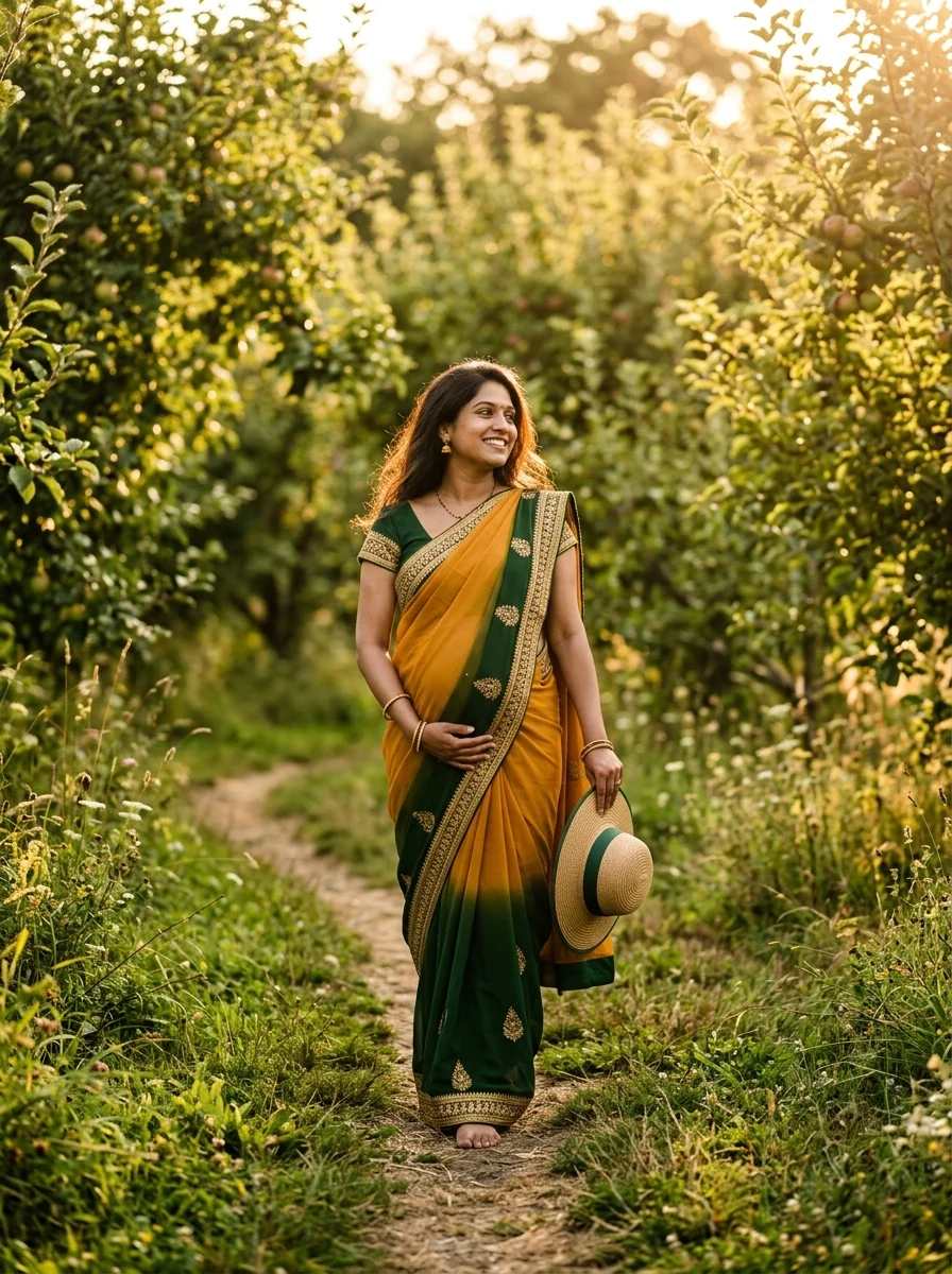 Outdoor nature pregnancy photoshoot Indian style mustard green georgette saree orchard sunset walk