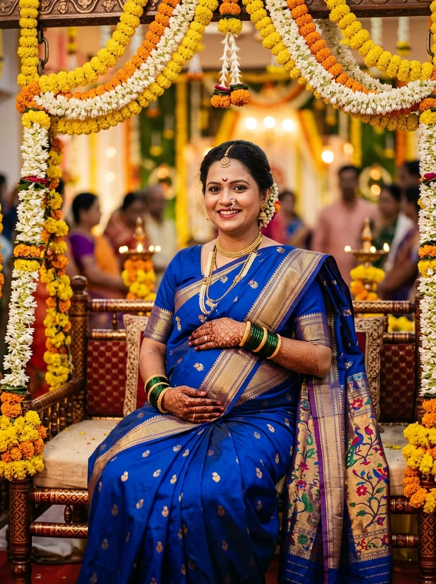 Maharashtrian Dohale Jevan pregnancy prompt for photoshoot Indian peacock blue Paithani saree nath