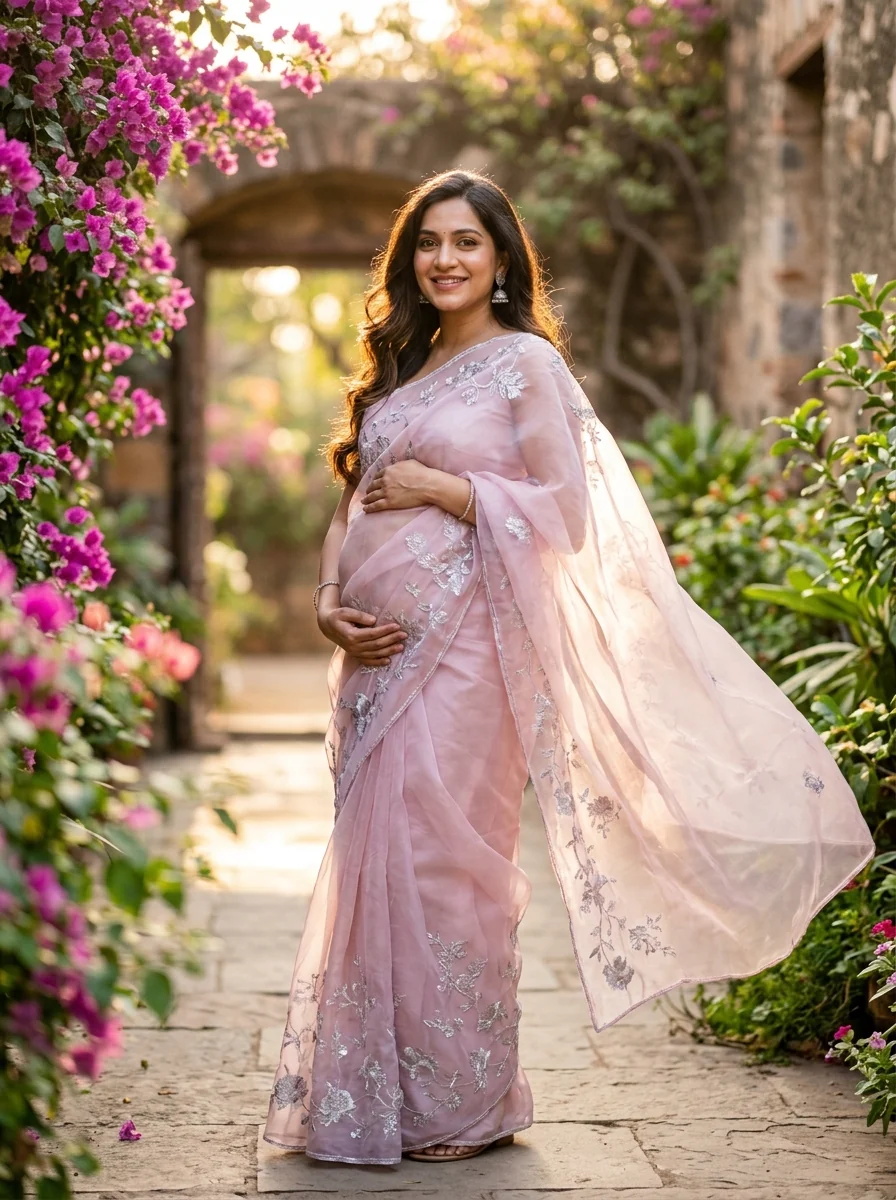 Ethereal pastel pink organza saree pregnancy prompt for photoshoot Indian floating pallu bougainvillea