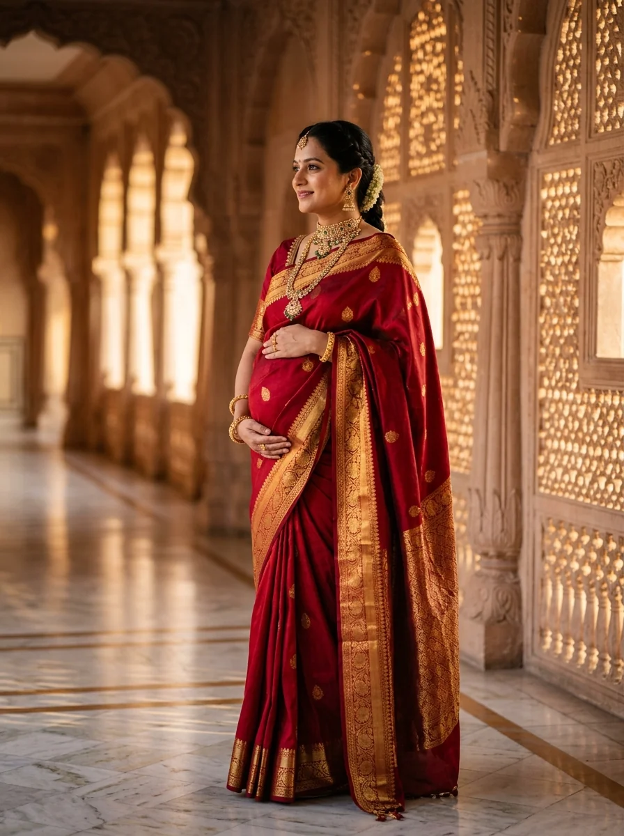 Indian pregnancy photoshoot royal crimson red Kanjeevaram silk saree temple jewelry heritage look