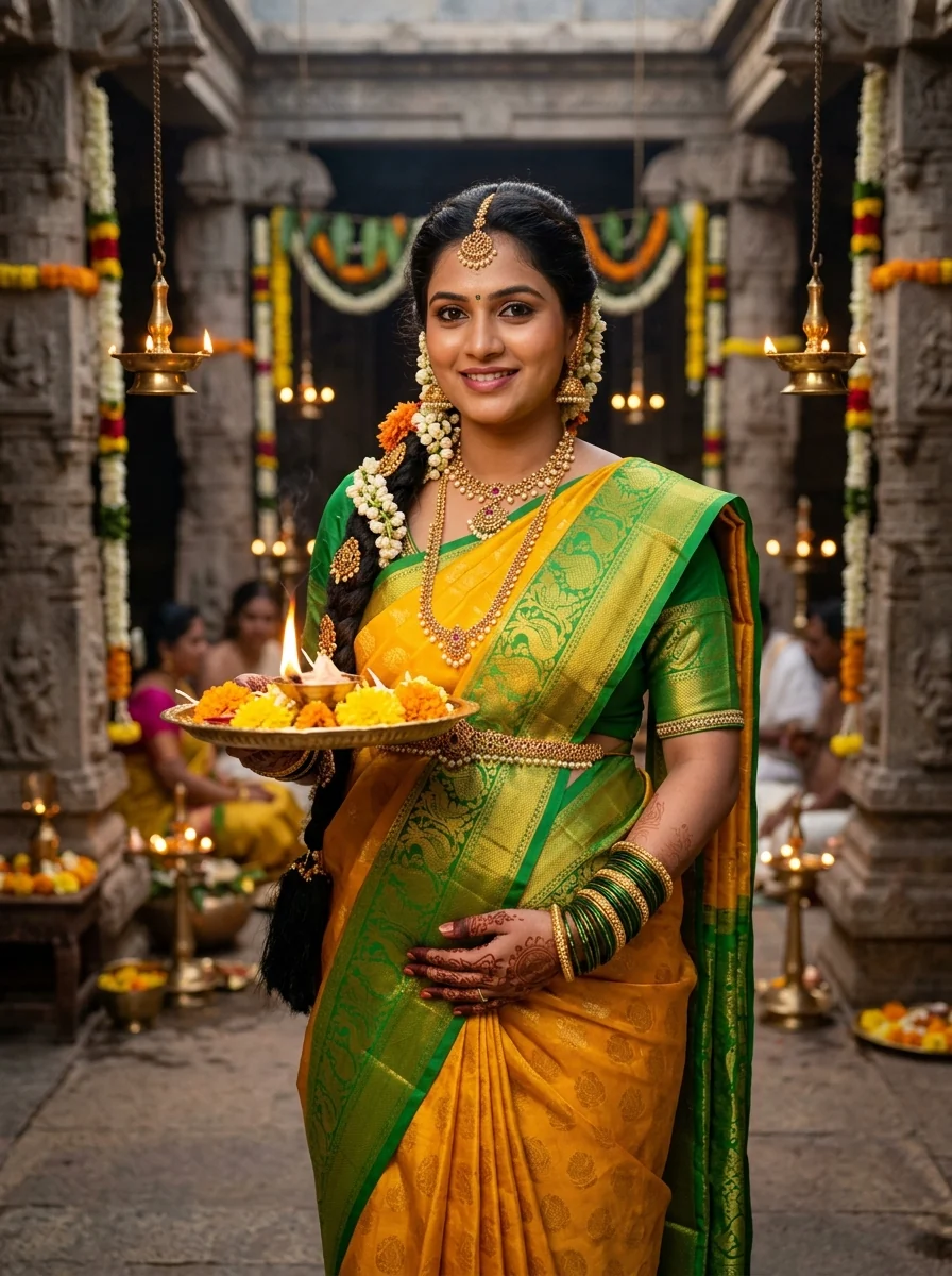 South Indian Seemantham pregnancy prompt for photoshoot Indian temple diya aarti yellow Kanjeevaram
