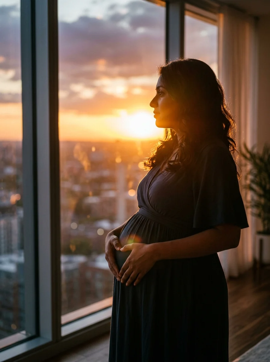Sunset window silhouette pregnancy photoshoot ideas Indian style heart hands baby bump outline