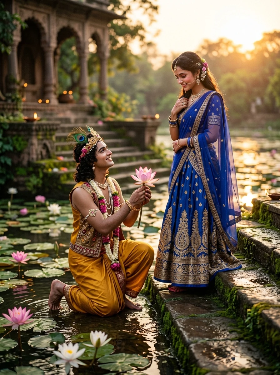 Radha krishna propose prompt: Lord Krishna kneeling on stone step offering pink lotus flower to blushing Radha
