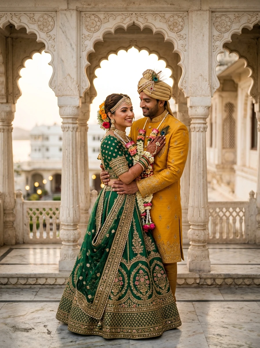 Radha krishna couple photoshoot prompt: Modern Indian couple styled as Radha and Krishna in heritage palace courtyard
