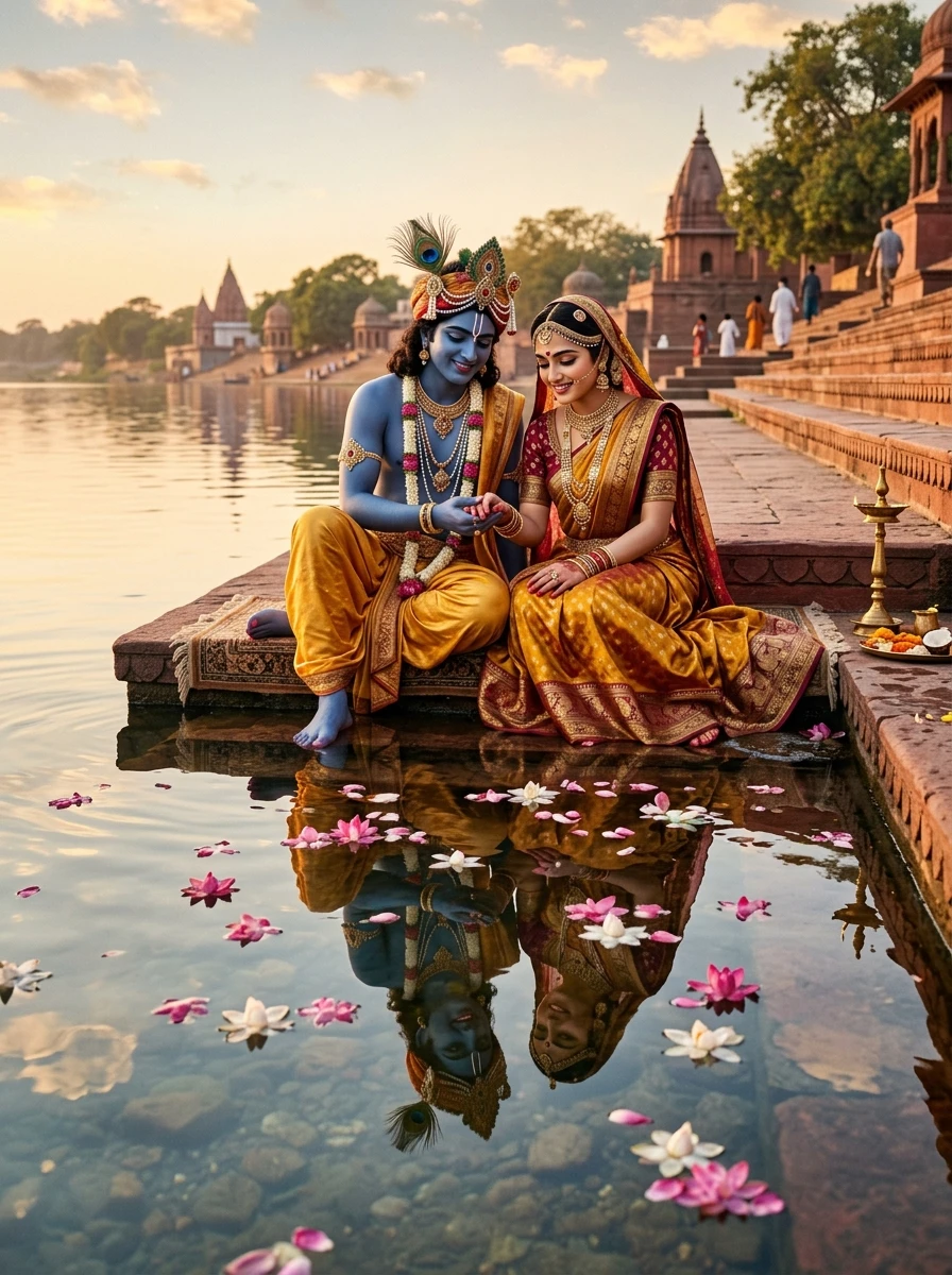Chatgpt prompt for radha krishna couple love: Radha and Krishna looking at their reflection in river water