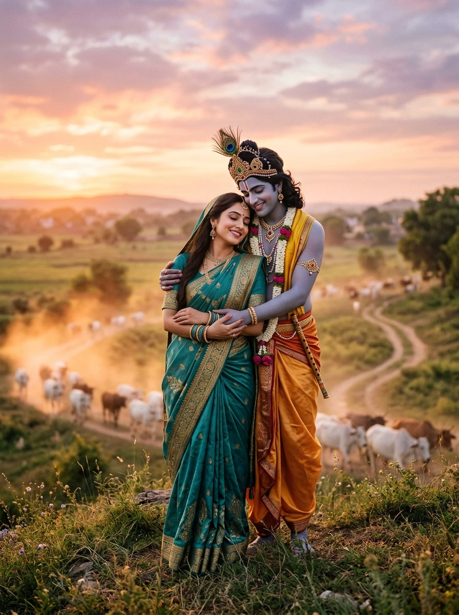 Radha krishna prompt for couple love: Krishna tenderly hugging Radha from behind at cow-dust sunset