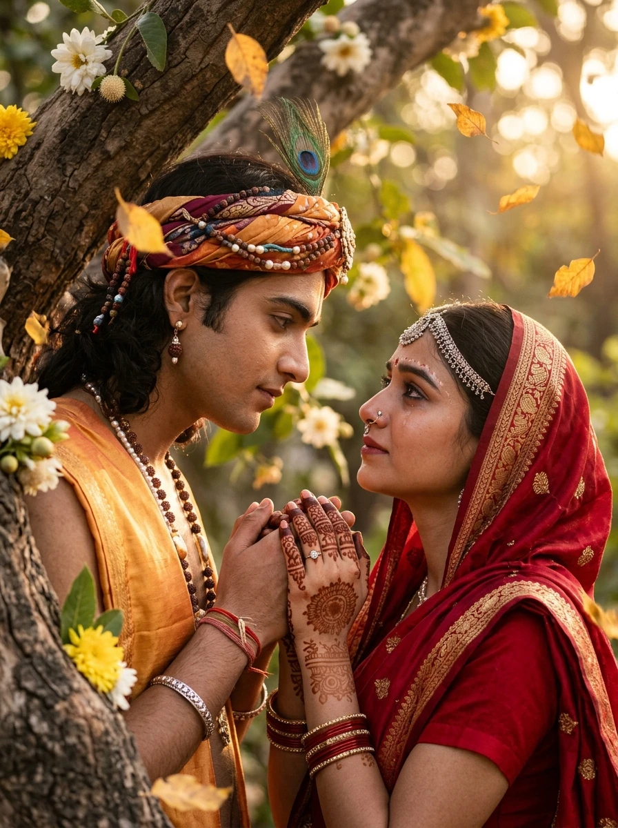 Radha krishna promise day prompt: Close-up of Krishna holding Radha's mehendi hands under Kadamba tree