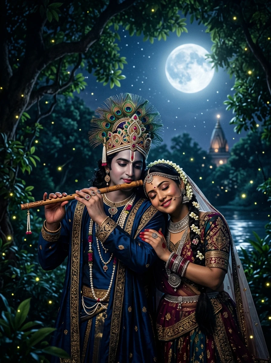 Radha krishna prompt for couple love: Krishna playing flute under full moon while Radha rests on his shoulder