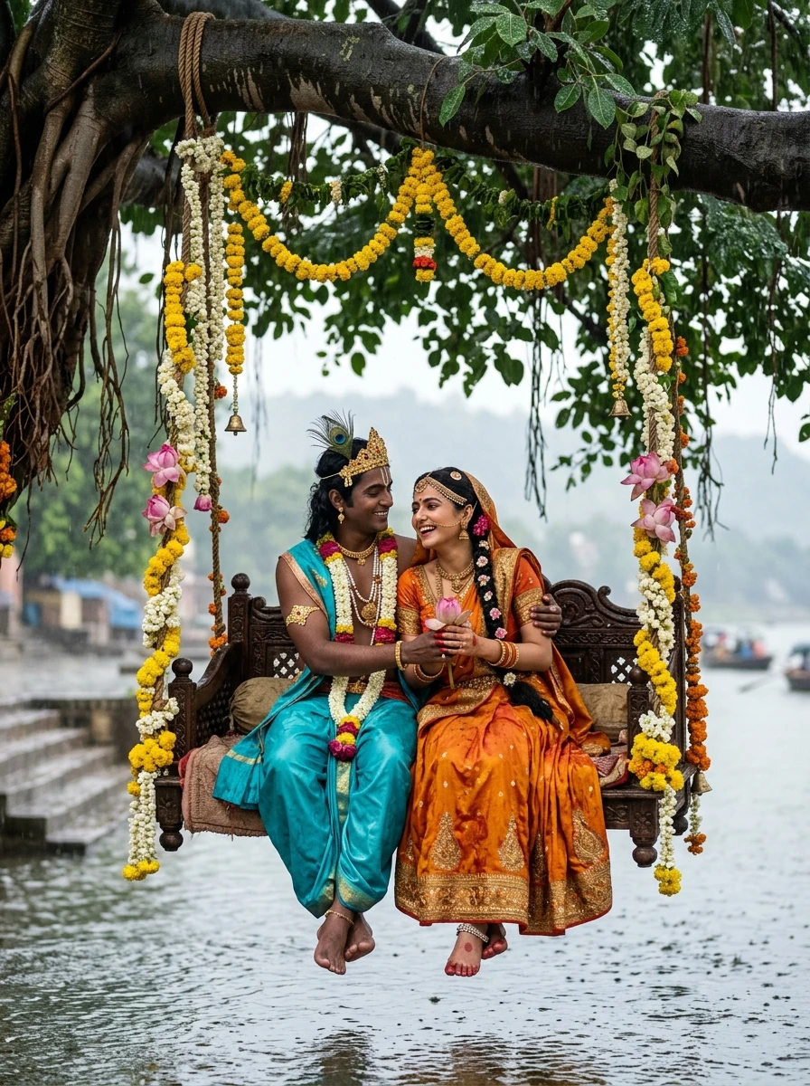 Radha krishna prompts: Radha and Krishna swinging together on floral jhula during monsoon drizzle