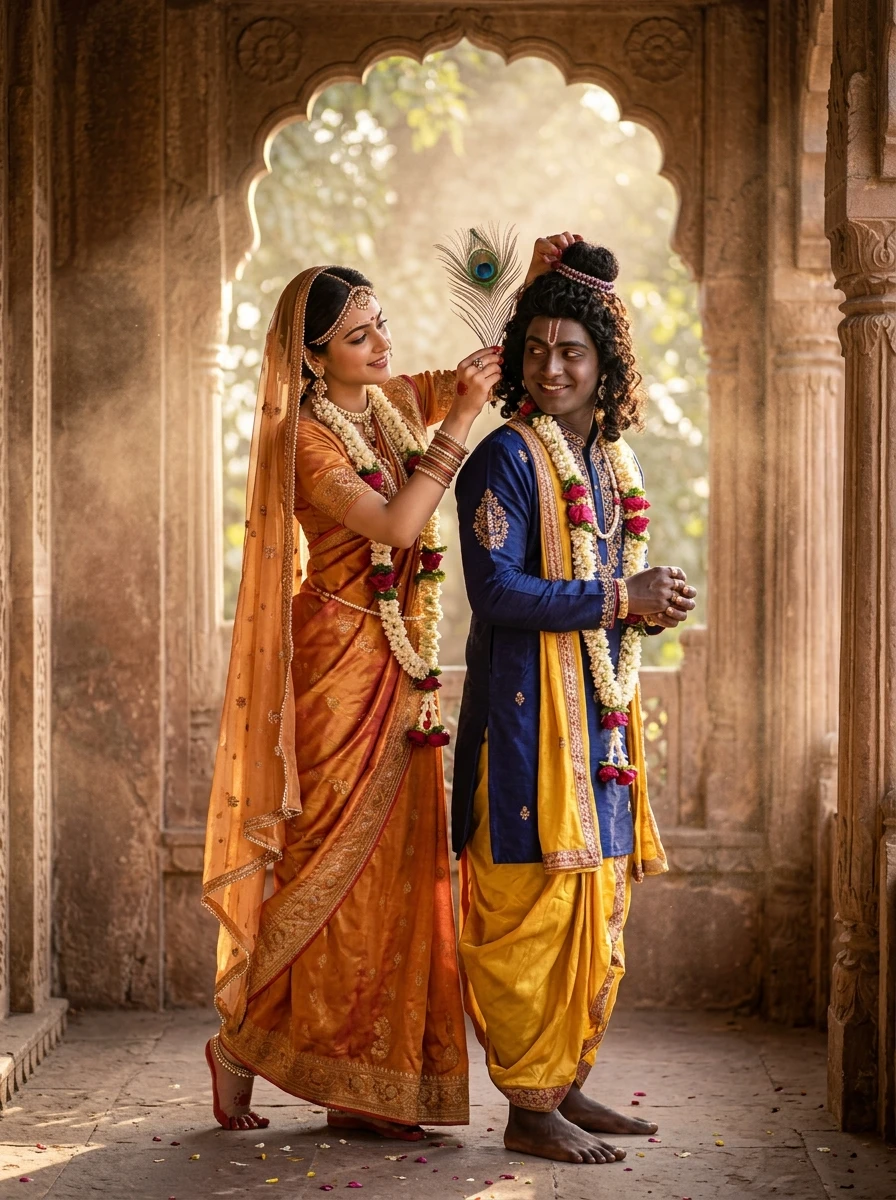 Radha krishna couple photoshoot prompt: Radha tucking peacock feather into Krishna's hair by stone jharokha